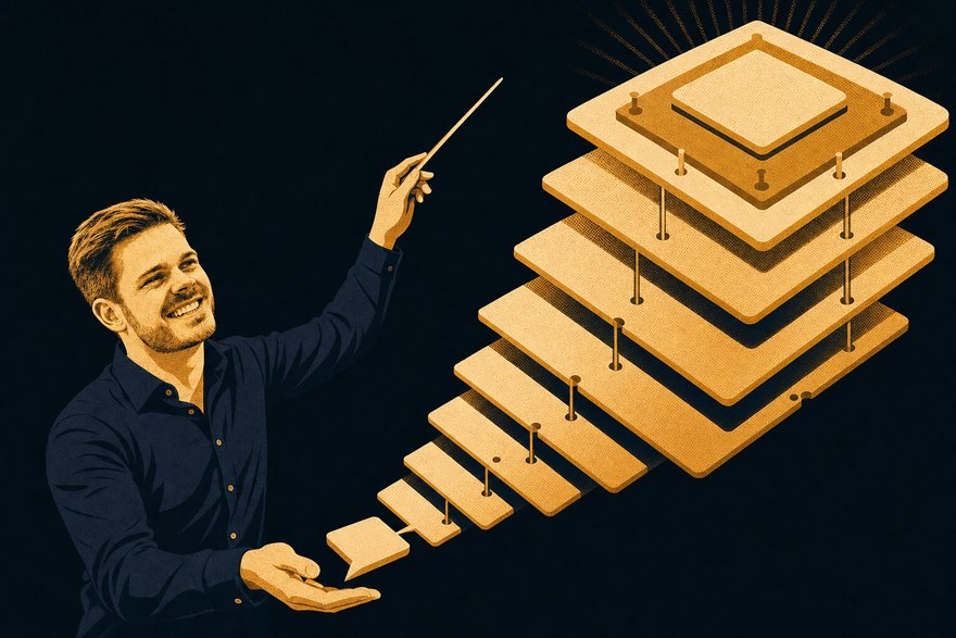Blueprint-Illustration: Dr. Jonathan Mall hält einen leuchtenden Würfel, dahinter ein aufgefaltetes Architektur-Diagramm mit Interface-, Agent- und Orchestration-Ebene