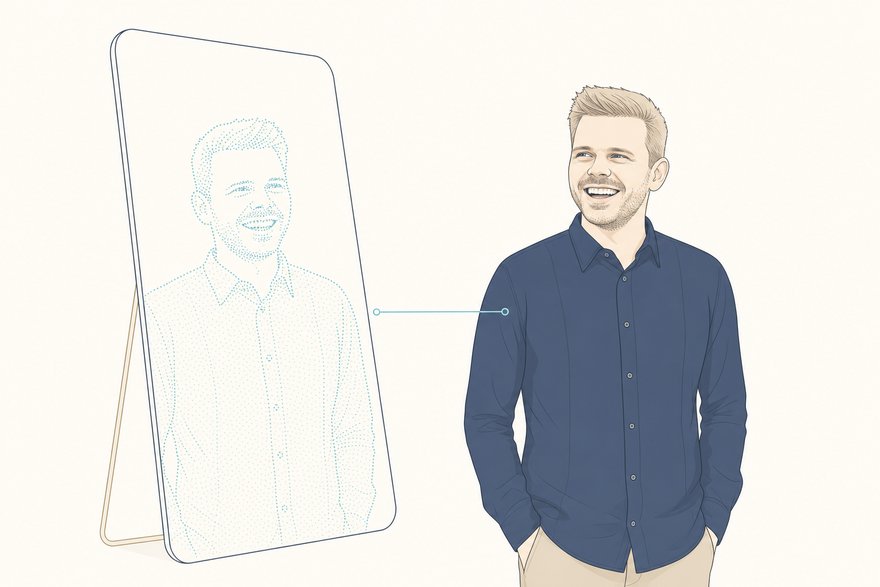 Minimalistische Illustration: Dr. Jonathan Mall blickt auf einen Spiegel, in dem sein Spiegelbild als Digital Twin aus cyanfarbenen Datenpunkten erscheint