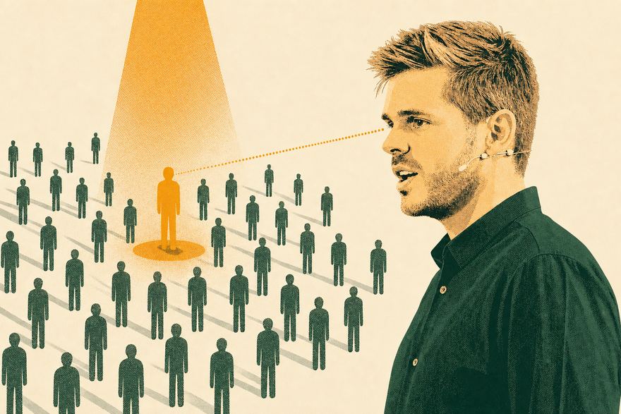 Siebdruck-Illustration: Dr. Jonathan Mall im Profil blickt auf eine Menge dunkelgrüner Figuren, von denen genau eine im bernsteinfarbenen Spotlight steht