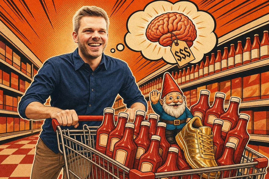 Pop-Art-Illustration: Dr. Jonathan Mall lacht mit einem Einkaufswagen voller absurder Käufe, über ihm eine Denkblase mit Gehirn und Preisschild
